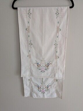 vintage set of 2 embroidered linen table runners hand cross-stitched Florals